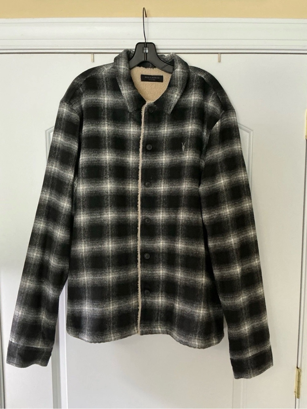 Size XXL - AllSaints Canoose Black White Plaid Wool Blend Sherpa Shirt Jacket